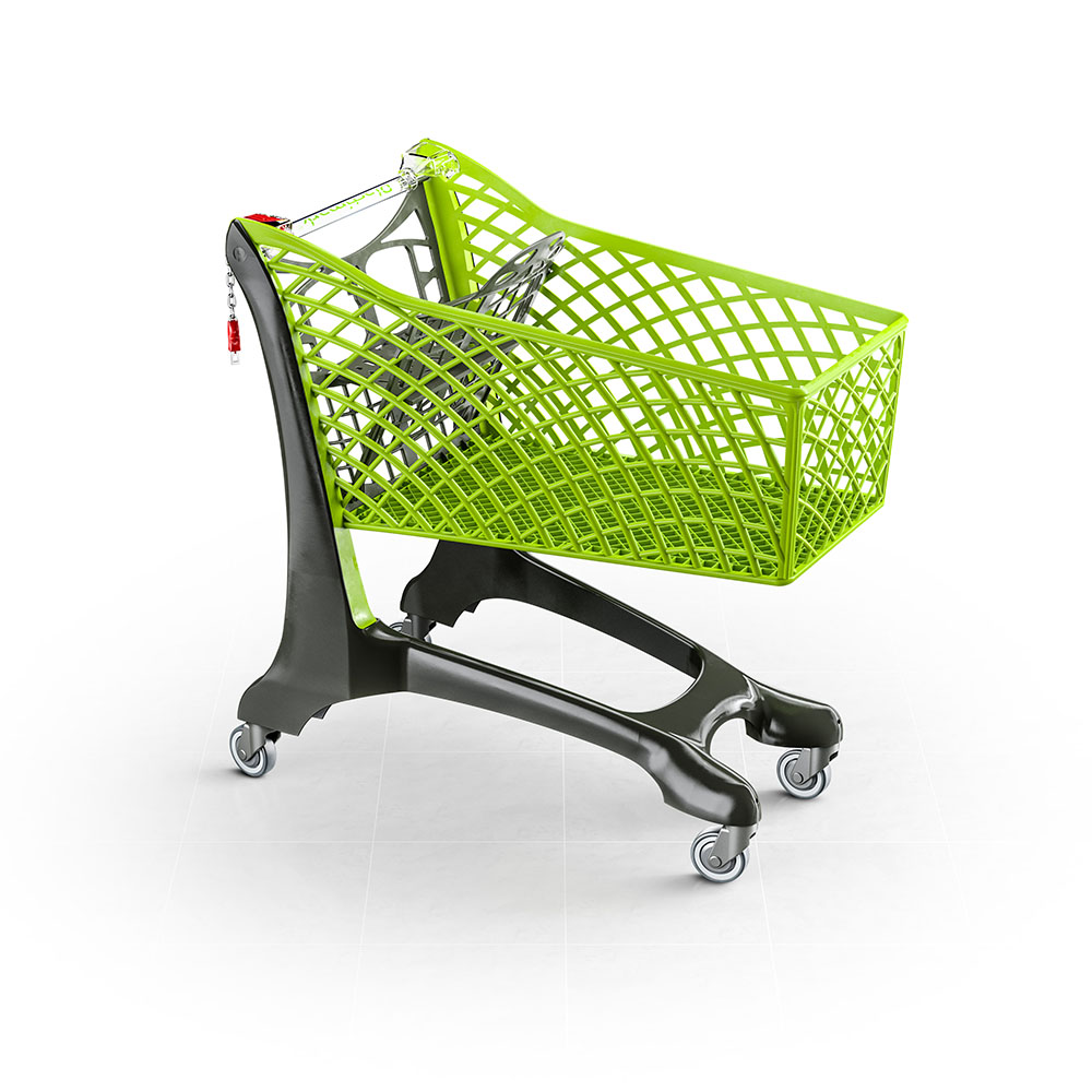 Chariot supermarché, panier plastique et chariot de course